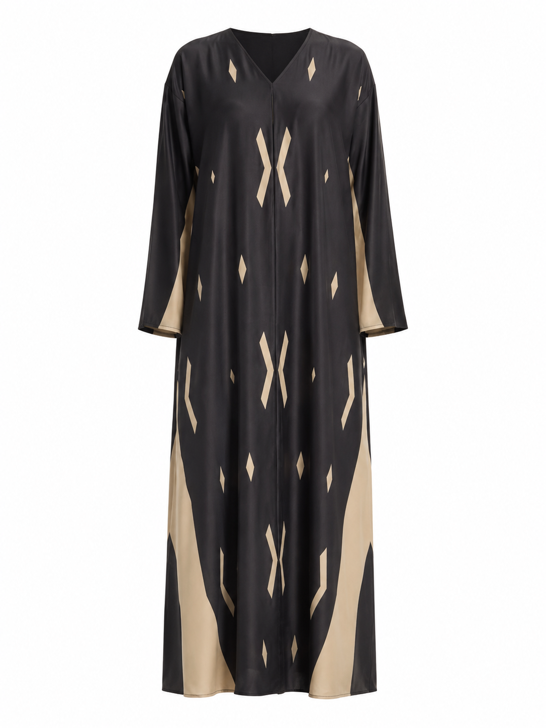 Women's Silk Open Abaya with Matching Hijab, Geometric Diamond Panel Design, Black & Sand Beige