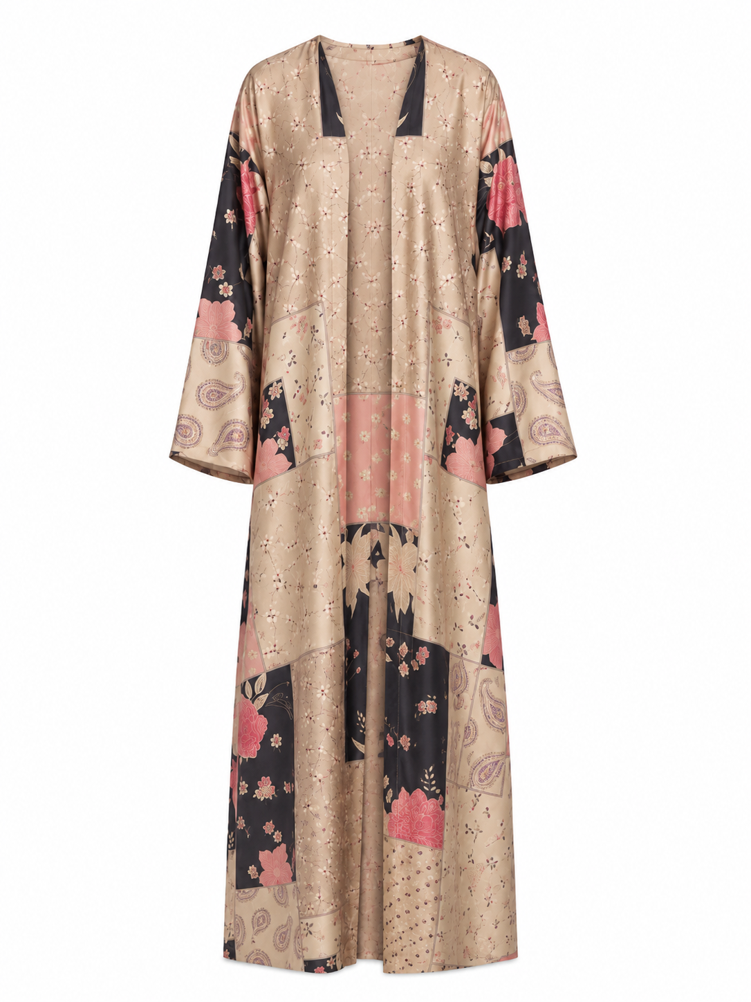Women's Luxury Silk Abaya Kimono with Matching Chiffon Hijab, Vintage Patchwork Floral & Paisley Print, Champagne Beige