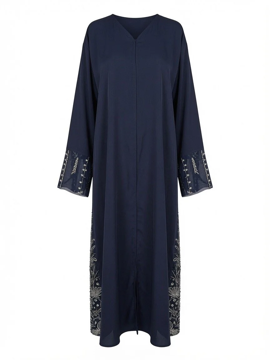 Women's Embellished Abaya with Embroidered Net Back & Matching Hijab, Navy Blue