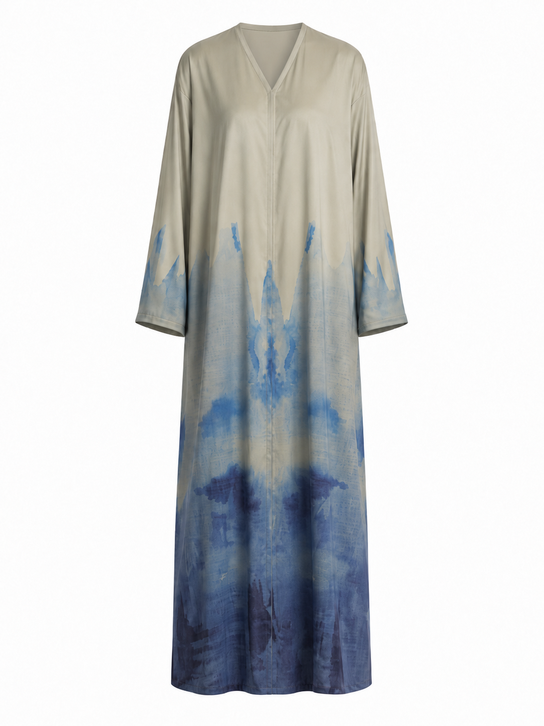 Women's Silk Abaya with Matching Hijab - Watercolor Ombre Print, Sage Grey & Ocean Blue