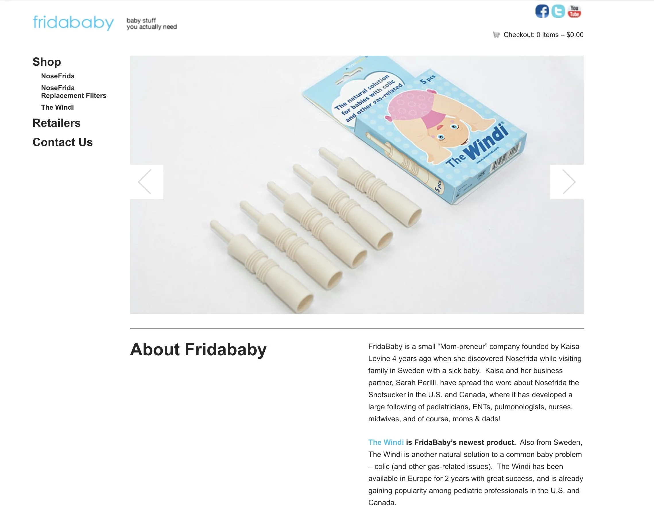 First Wayback Machine capture of fridababy.com, November 12, 2011, showing the Windi product and an About section identifying Kaisa Levine as founder and Sarah Perilli as business partner