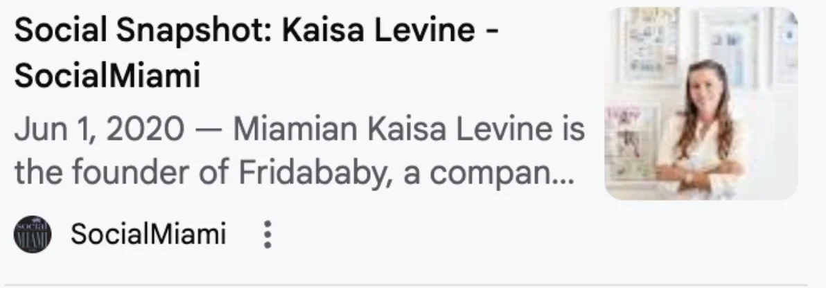 Screenshot of Social Snapshot: Kaisa Levine, SocialMiami, June 1, 2020, identifying Levine as the founder of Fridababy