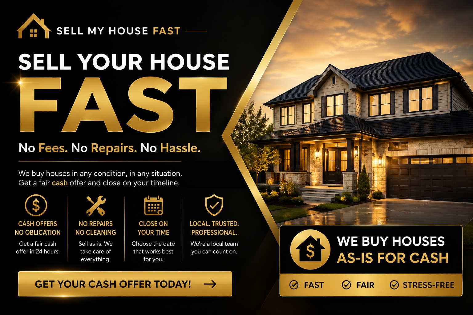 Advertisement for a house buying service emphasizing quick cash offers with no fees or repairs, featuring a photo of a large house at sunset. Grand Estates LLC website banner image at: www.grandestatesusa.com