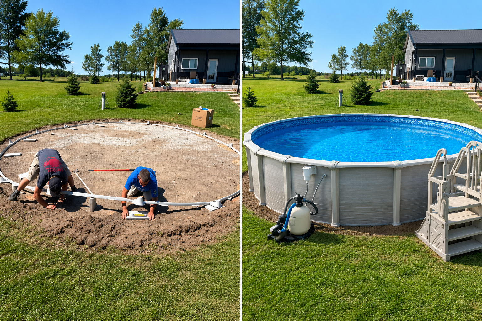 Side-by-side images of a backyard being transformed into an above-ground swimming pool. The left image shows two people installing a circular pool frame, kneeling on the dirt, with a box nearby. The right image shows the completed pool filled with blue water, with steps and pool equipment visible.