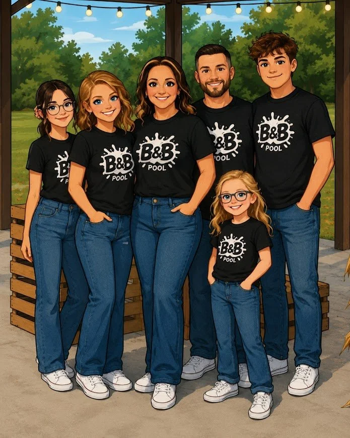 Family of six members posing outdoors, all wearing matching black 'B&B Pool' t-shirts and blue jeans, with a background of green trees and string lights.