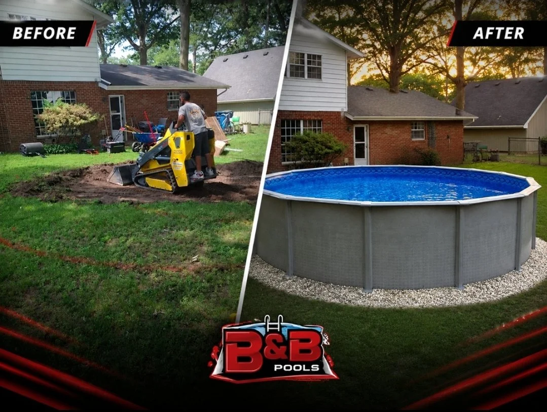 A split image showing the transformation of a backyard. The left side labeled "Before" shows a person operating a small skid steer loader on a patch of dirt in front of a house, with gardening tools and equipment around. The right side labeled "After" displays a completed above-ground swimming pool filled with water, set in the same backyard, with trees and houses in the background during sunset.