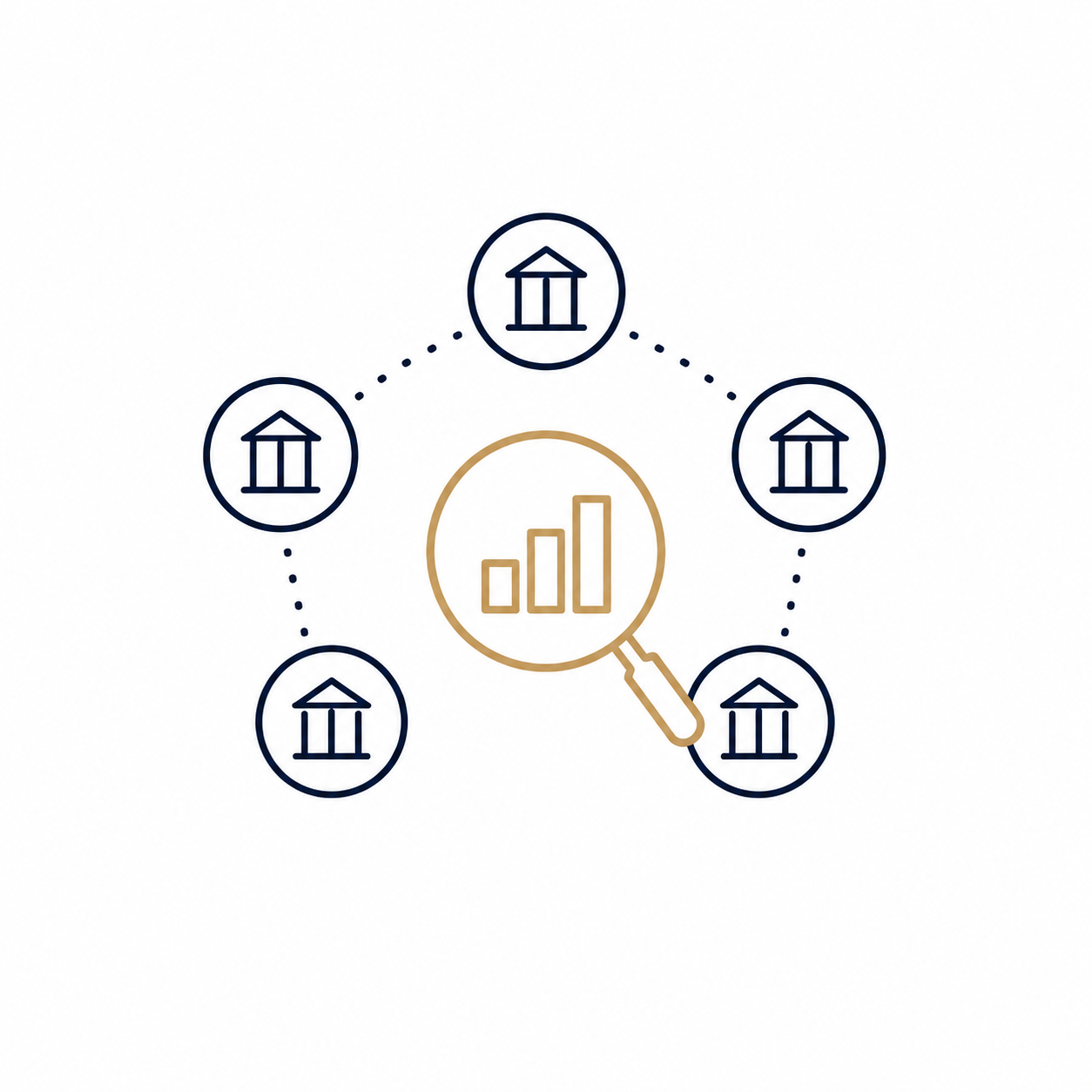 Diagramme représentant une recherche ou une analyse de données avec des maisons et une loupe avec un graphique en barres.