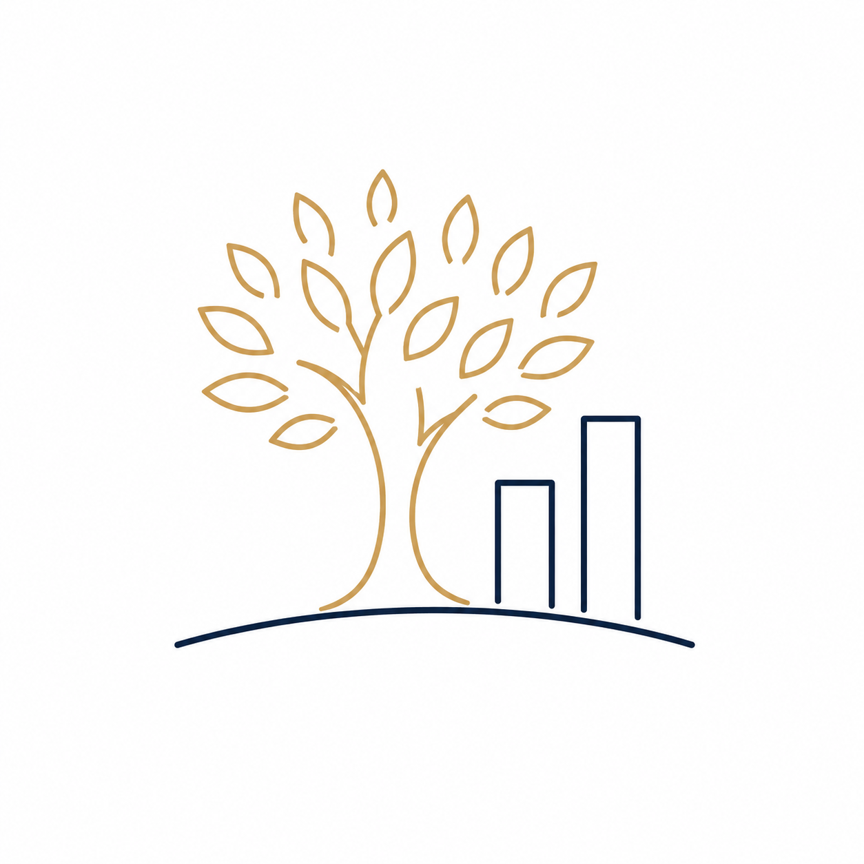 Un arbre stylisé en ligne dorée à côté de barres de graphiques bleues sur un fond blanc.
