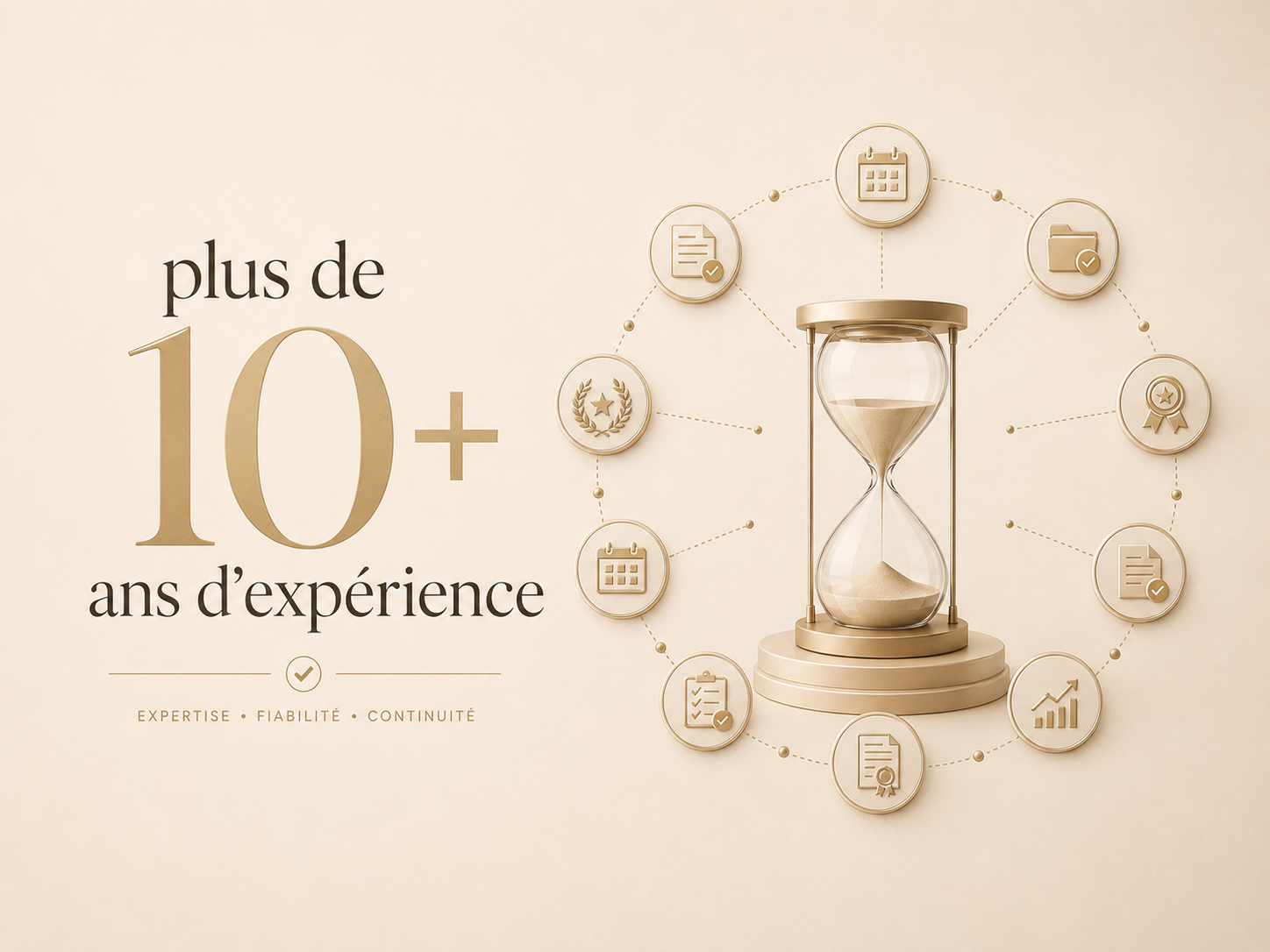 Texte indiquant plus de 10 ans d'expérience, entouré de divers icônes liés à la gestion, la planification, le succès et la fiabilité, avec un sablier au centre symbolisant le temps.