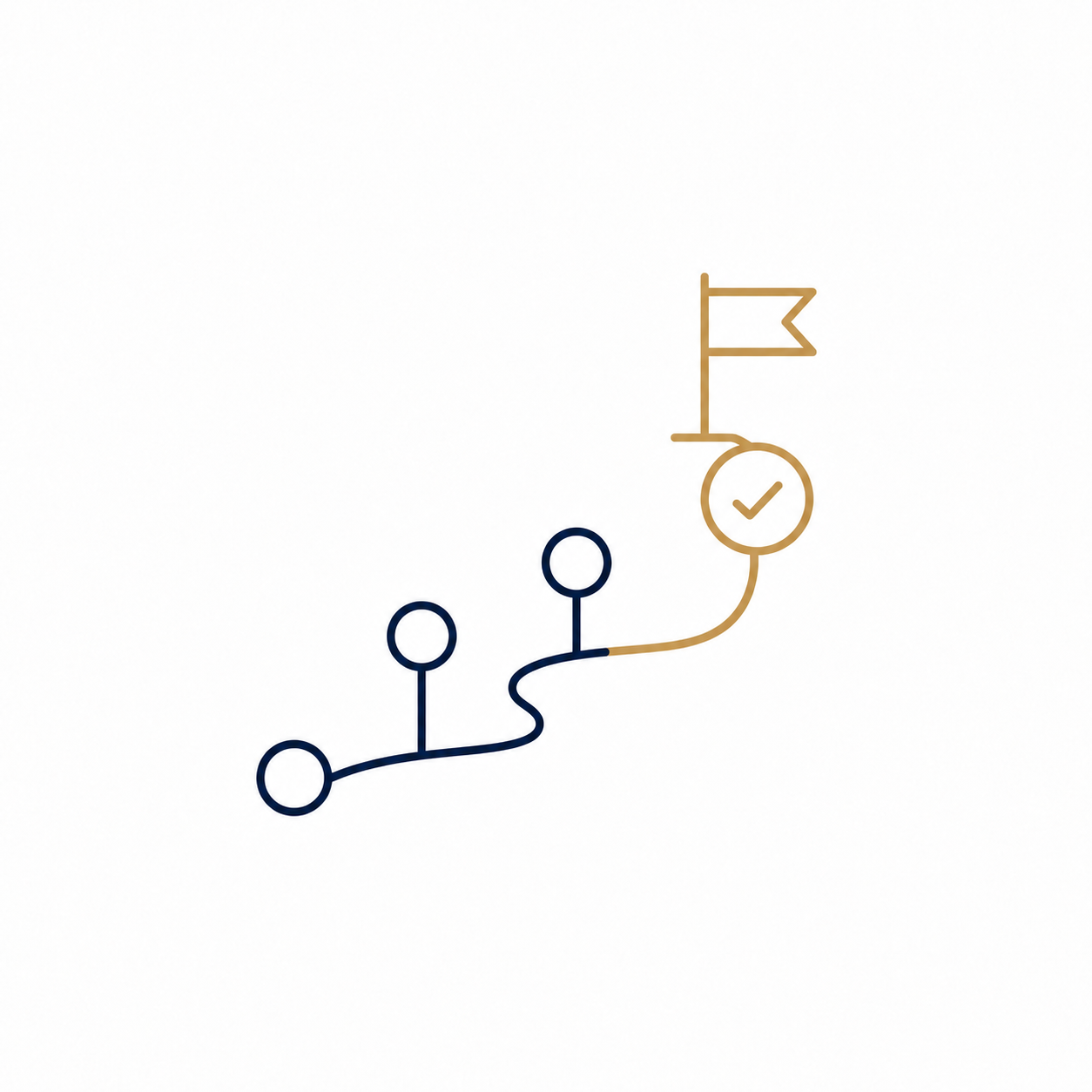 Illustration simple d'un parcours avec étapes, culminant avec une drapeau et une coche, indiquant une réussite ou un objectif atteint.