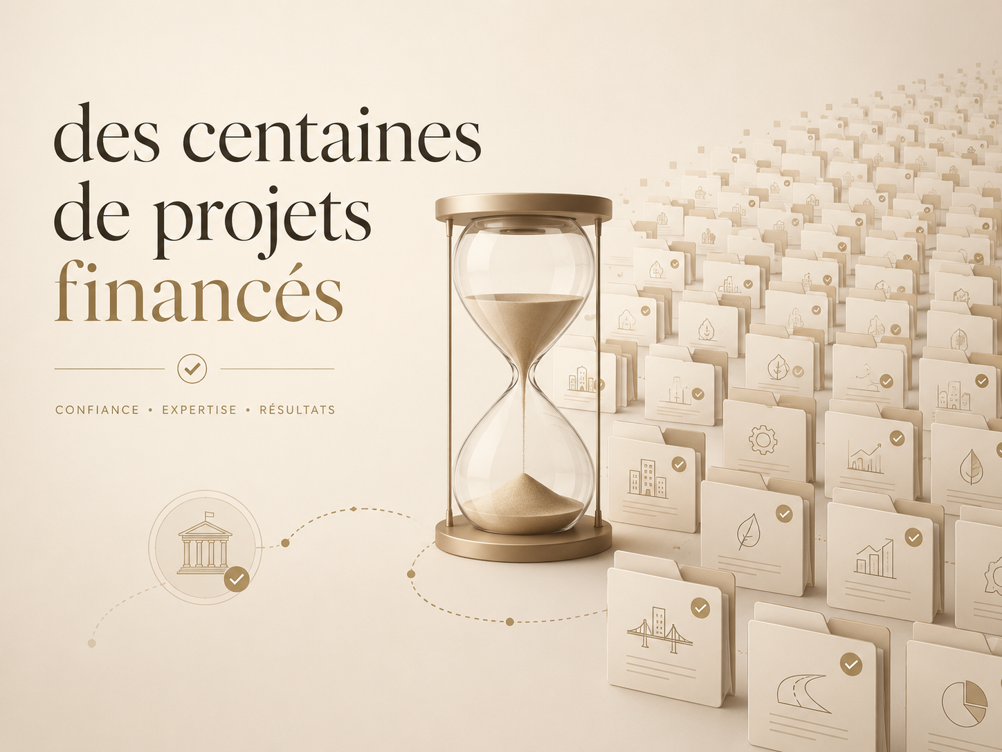 Une image représentant un sablier avec du sable beige, entouré de nombreux dossiers ou cartes blanches avec des icônes et des coches, évoquant la gestion de projets financiers. À gauche, un texte en français indique : "des centaines de projets financés" avec sous-titres "Confiance, Expertise, Résultats".
