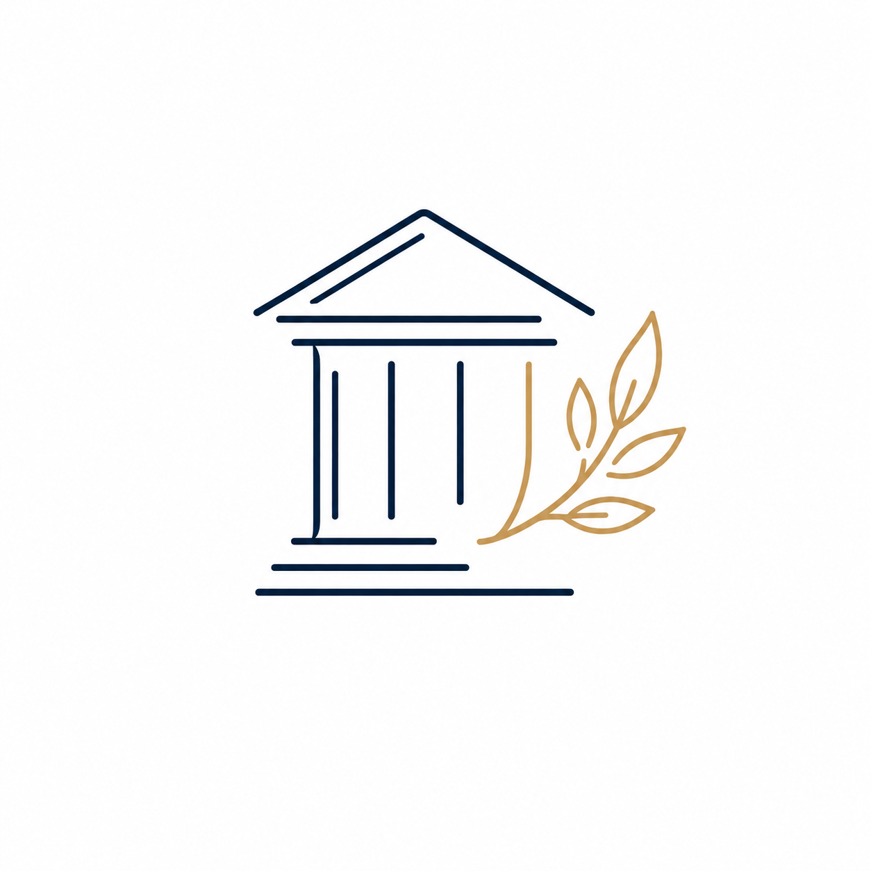 Logo minimaliste représentant une structure architecturale avec des colonnes et un toit, accompagnée d'une branche foliaire.