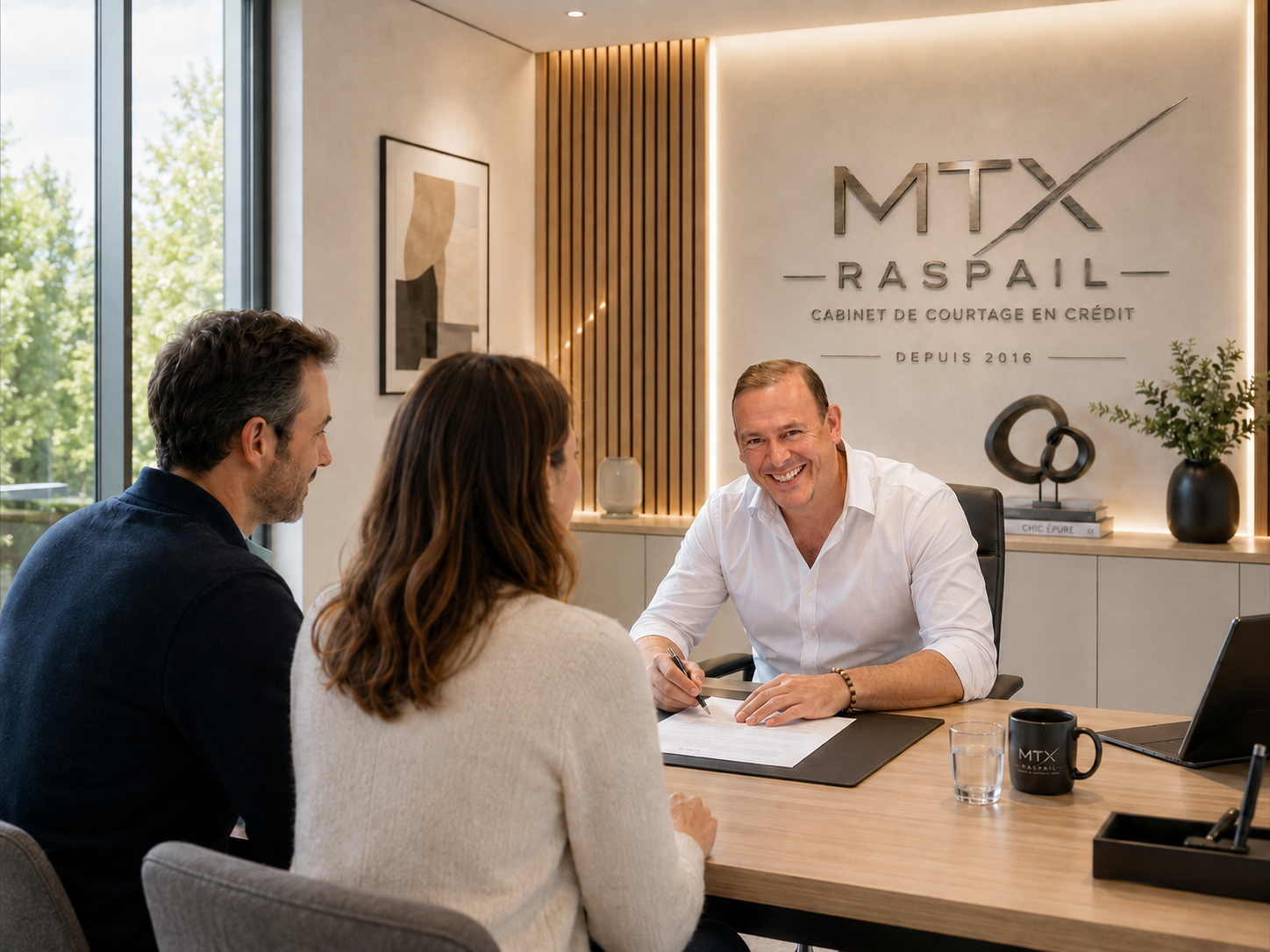 Une scène d'entretien ou de consultation dans un bureau moderne avec trois personnes : un homme souriant assis derrière un bureau, un couple devant lui. Le bureau a une tasse noire avec le logo 'MTX Raspail' et une tasse en verre. L'arrière-plan comporte une décoration élégante avec un logo 'MTX Raspail' et des livres.
