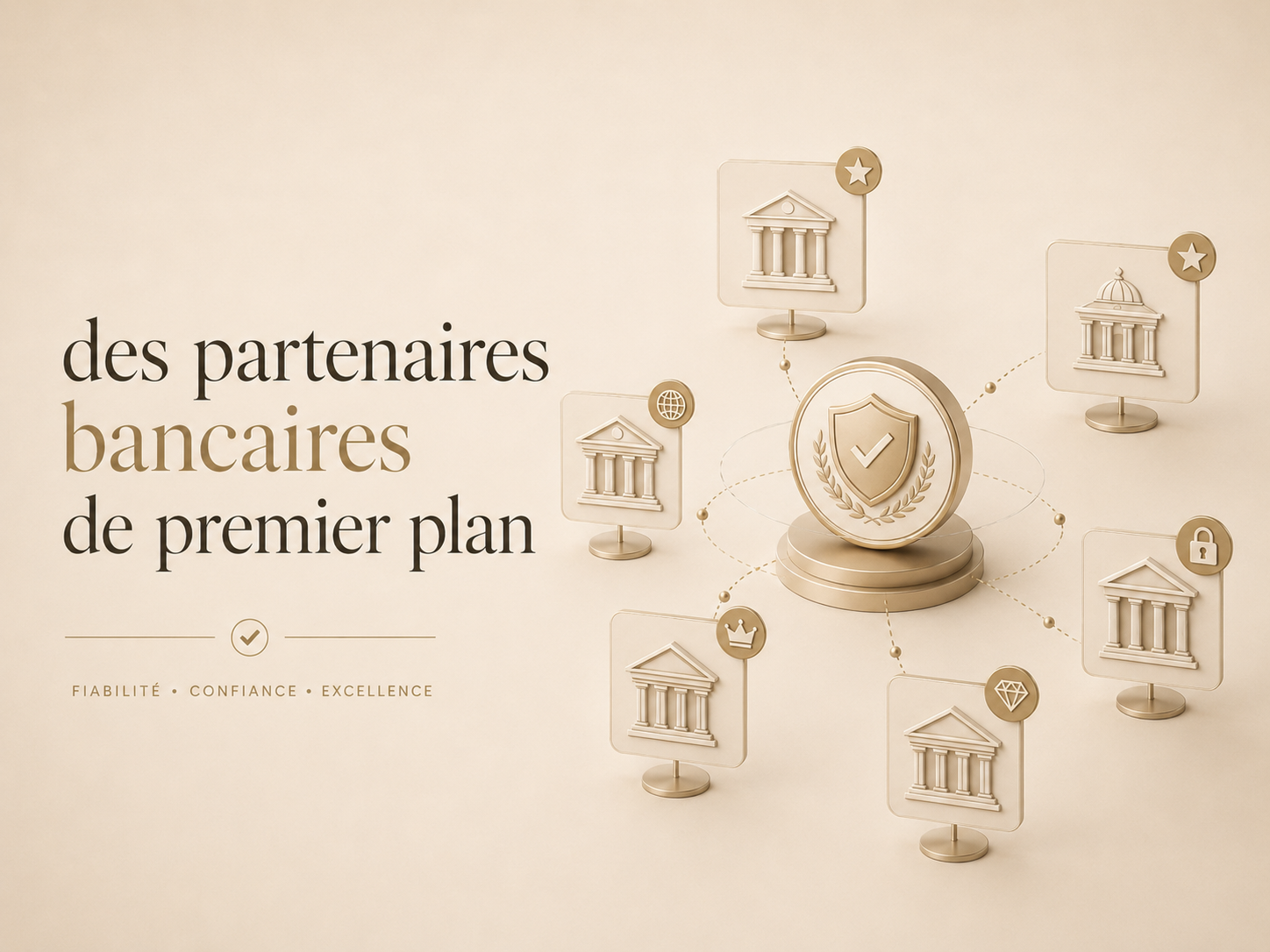Graphique avec un symbole de bouclier avec une coche, entouré de plusieurs icônes représentant des bâtiments, certains verrouillés, d'autres avec des étoiles ou une couronne, suggérant un partenariat sécurisé et fiable des banques.