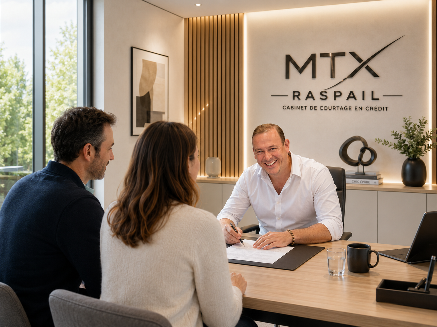 Une réunion dans un bureau avec un homme souriant expliquant quelque chose à deux clients assis à une table.