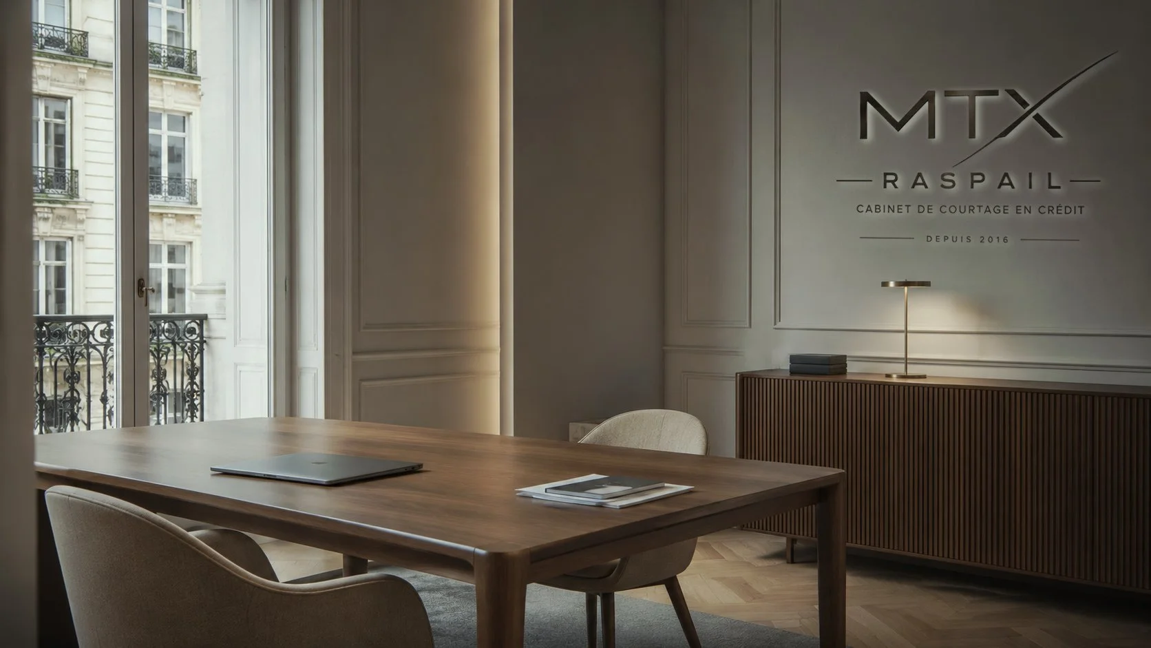 Salon de bureau moderne avec une grande table en bois, des chaises confortables, une fenêtre avec un balcon en fer forgé, un mur avec un logo 'MTX RASPAIL' et un meuble en bois avec une lampe de bureau.
