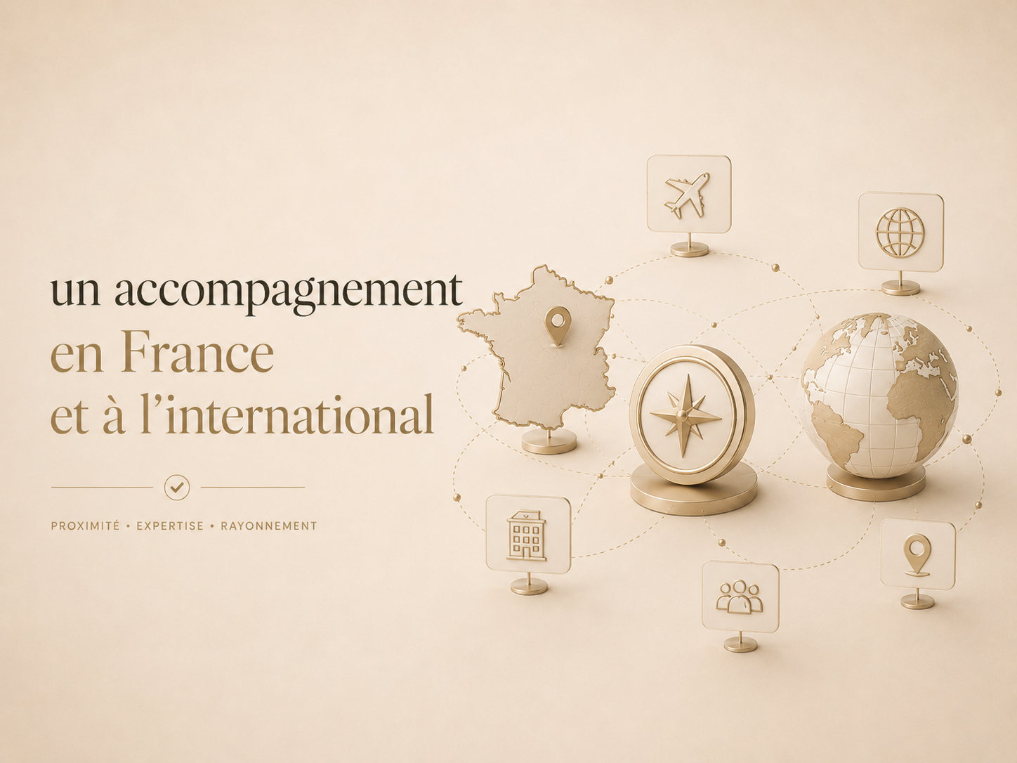 Carte de France, globe terrestre, icônes représentant un avion, un bâtiment, un groupe de personnes, une planète, et une localisation, illustrant la prise en charge en France et à l'international pour un service