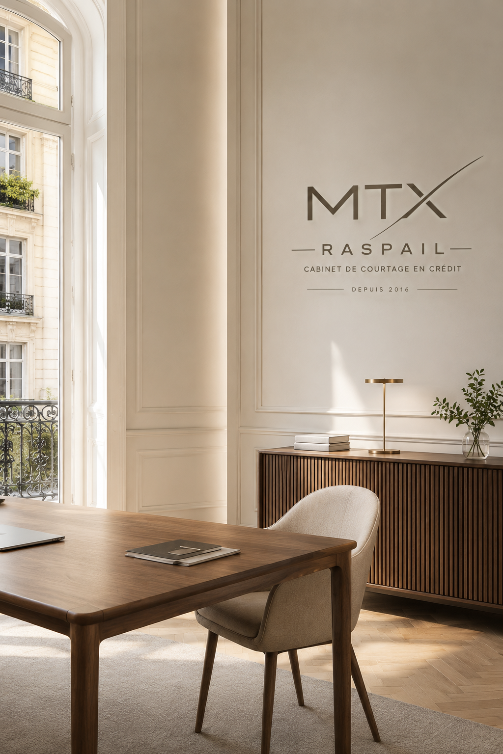 Intérieur d'un bureau avec une grande fenêtre laissant entrer de la lumière naturelle, un mur avec un logo 'MTX RASPAIL', une table en bois, une chaise beige, un meuble en bois avec des livres, une plante verte dans un vase en verre, et une lampe sur le meuble.