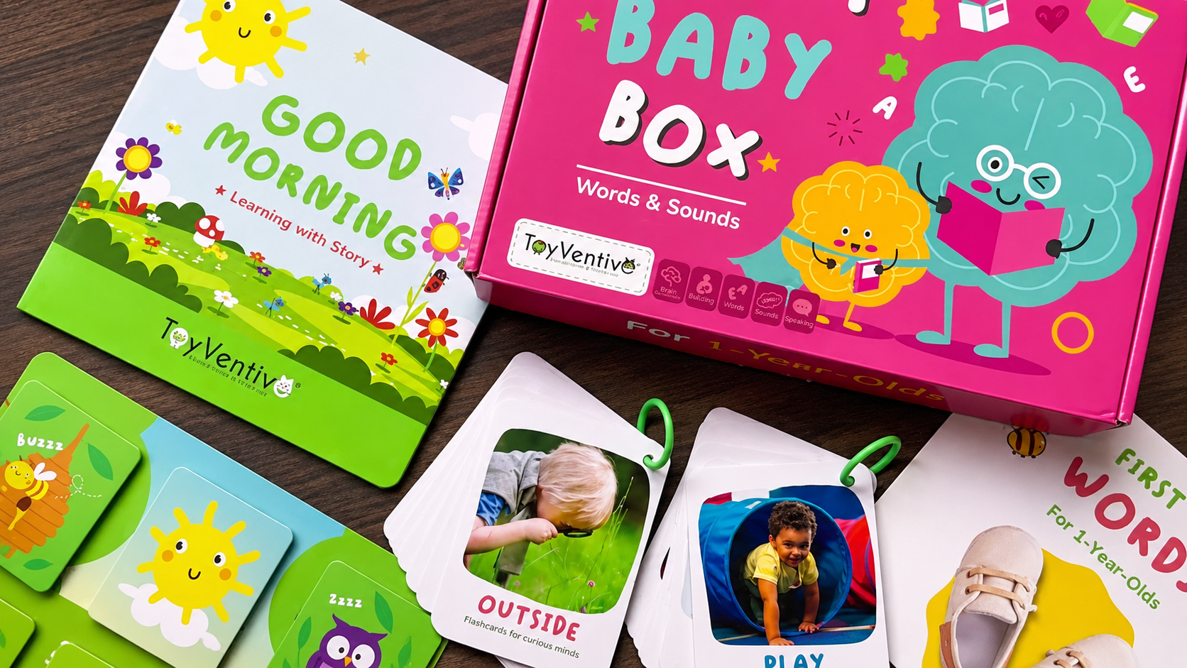 Brinquedos educativos para crianças de 1 a 2 anos, incluindo livros, cartões com fotos de crianças brincando ao ar livre e com foco nas primeiras palavras, com cores vivas e ilustrativas.