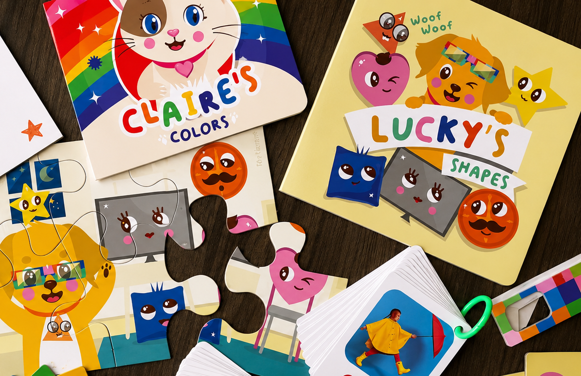 Conjunto de livros infantis, quebra-cabeças e cartões com desenhos de animais, formas e cores, peças de encaixe, e elementos coloridos e divertidos.