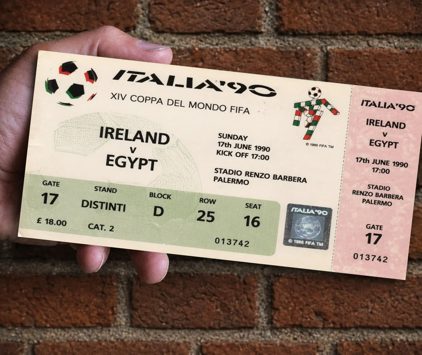 Souvenir Ticket Ireland v Egypt Italia 90 World Cup