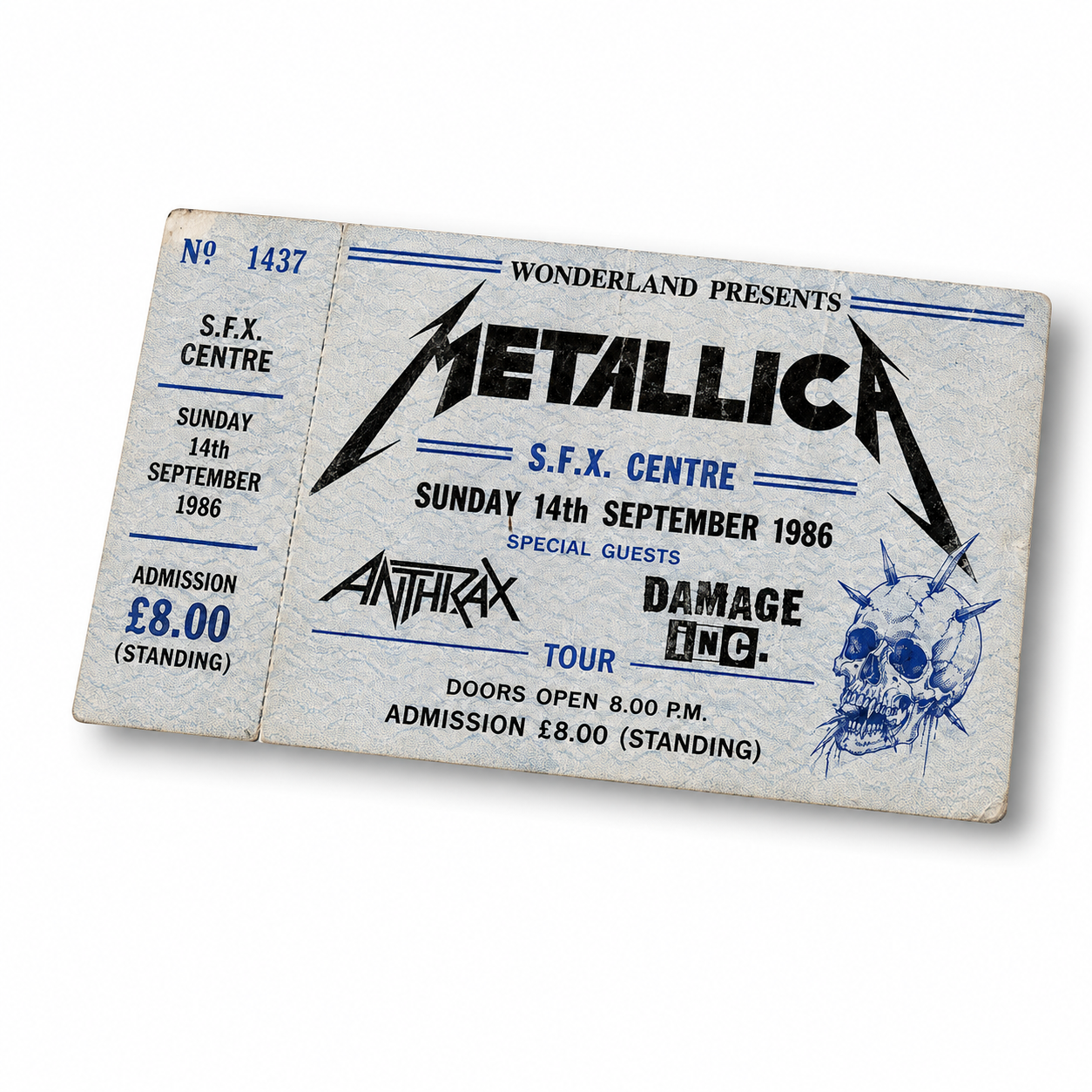 Souvenir Ticket Metallica S.F.X Centre Dublin Ireland 1986