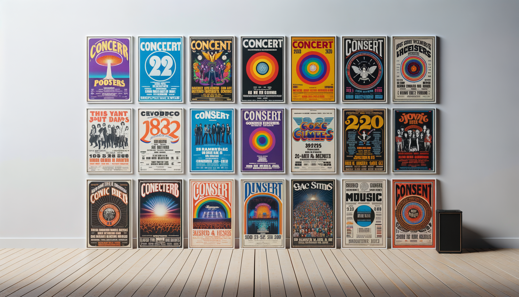A wall with 16 colorful posters arranged in four rows, each advertising concerts and music events with vibrant designs and text.