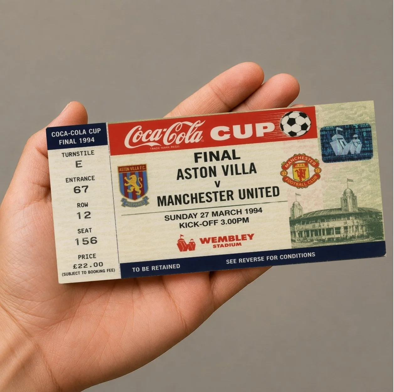Souvenir Ticket Aston Villa v Manchester United 1994 Coca Cola Cup Final