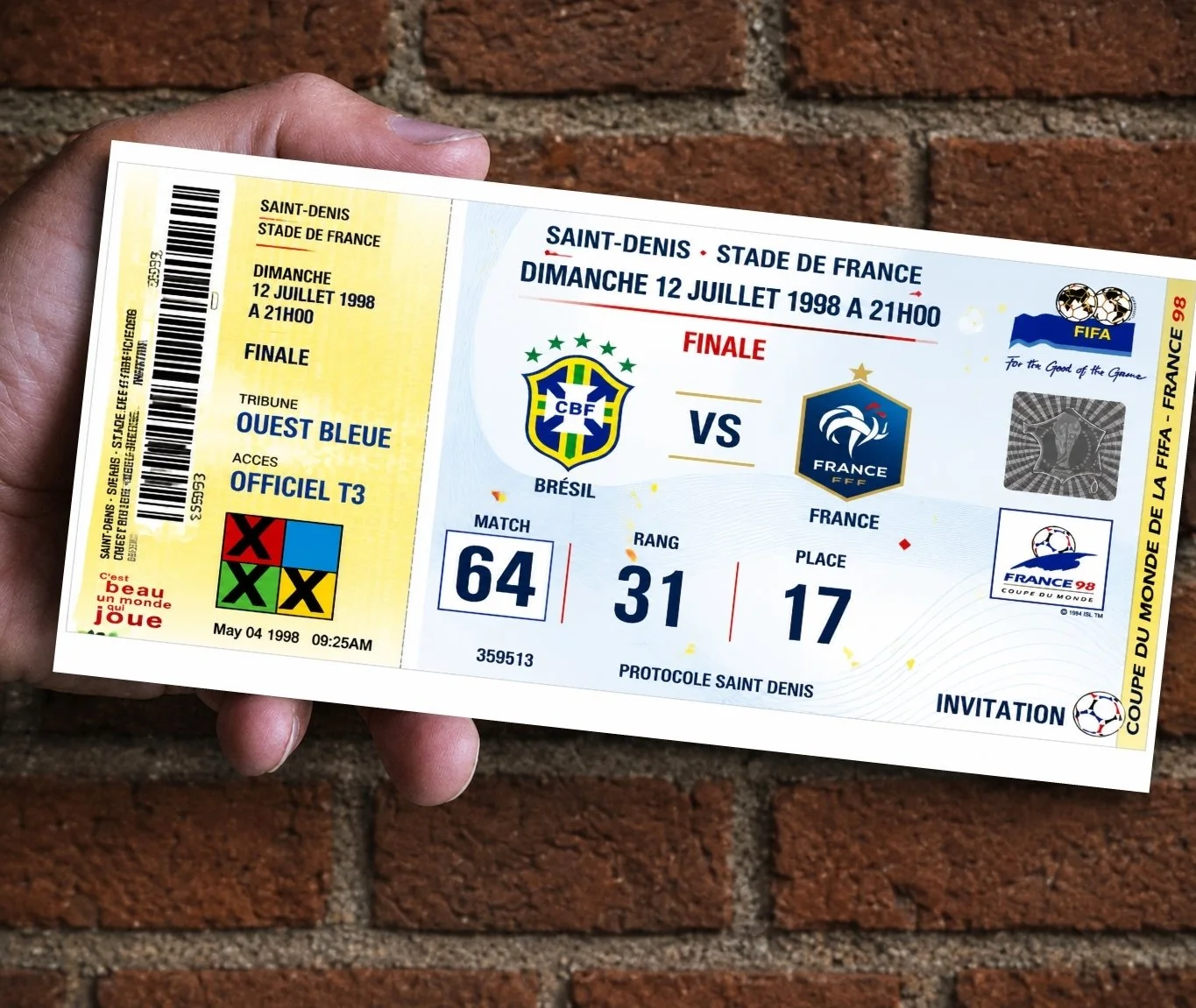 Souvenir Ticket Brazil v France 1998 Fifa World Cup Final