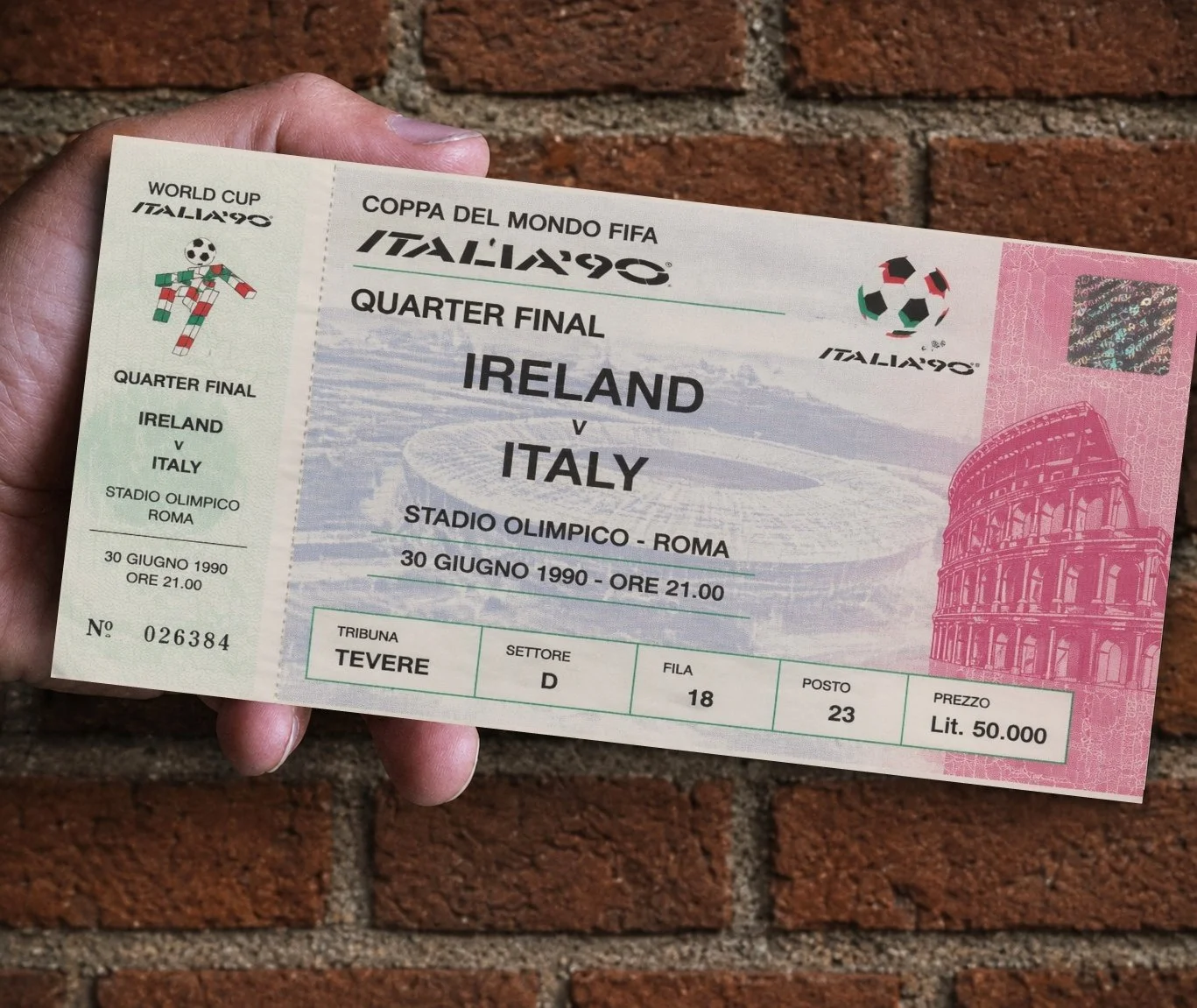 Souvenir Ticket Ireland v Italy World Cup Quarter Final Italia 90