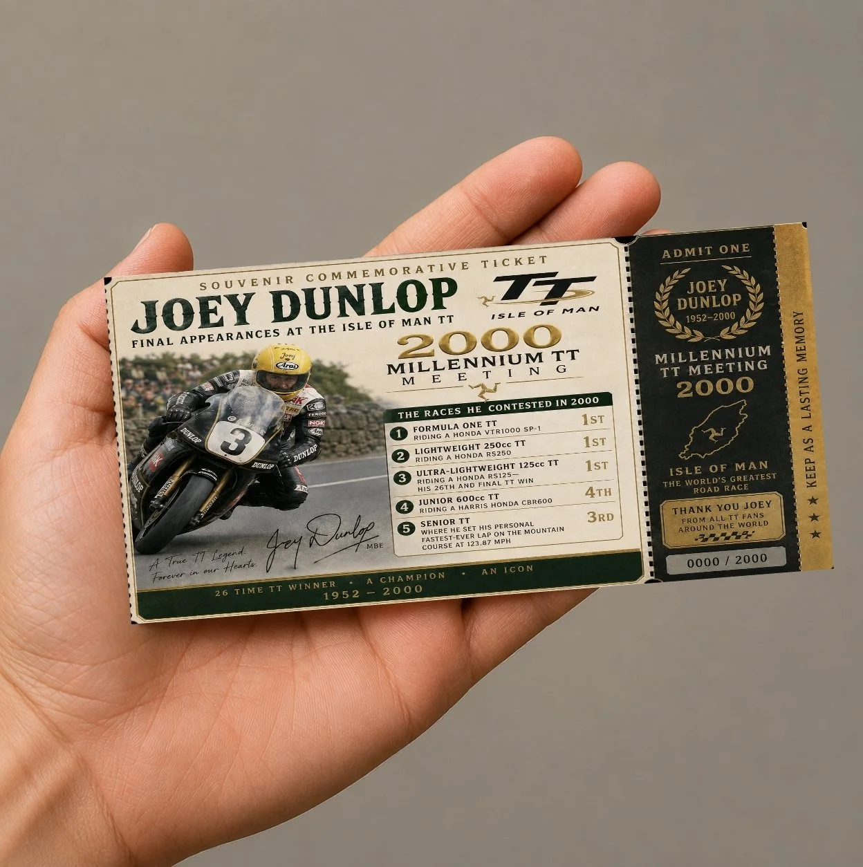 Souvenir Ticket Joey Dunlop 2000 Isle Of Man TT Road Races