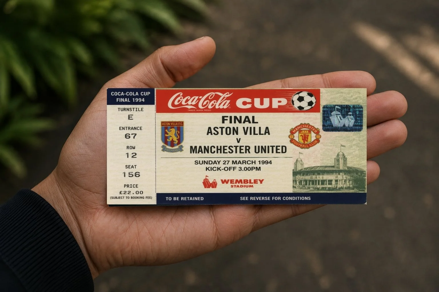 Souvenir Ticket Aston Villa v Manchester United 1994 Coca Cola Cup Final