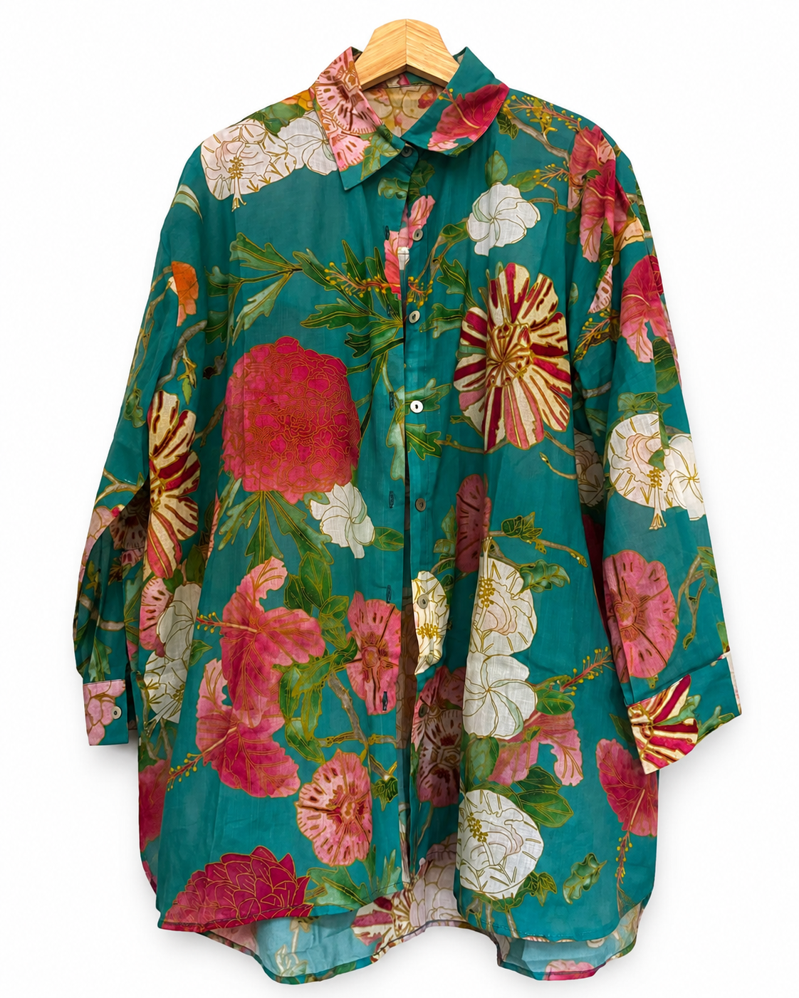 INDIAN FLOWER TURQUOISE - RELAXED LINEN COTTON SHIRT