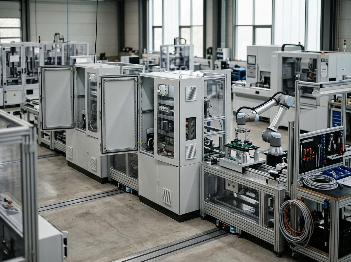 Robots in een moderne fabriek die circuits assembleren op een arbeidsstation.