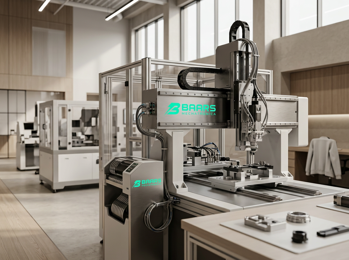Een industriële machines in een moderne werkplaats met grote ramen, uitgerust met technische componenten en meetinstrumenten.
