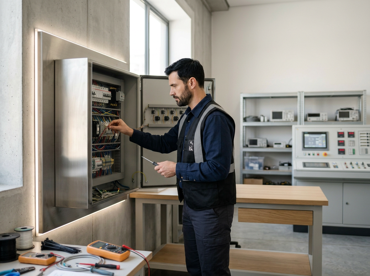 Man die een elektrisch paneel repareert in een laboratorium of werkplek met technologische apparatuur.