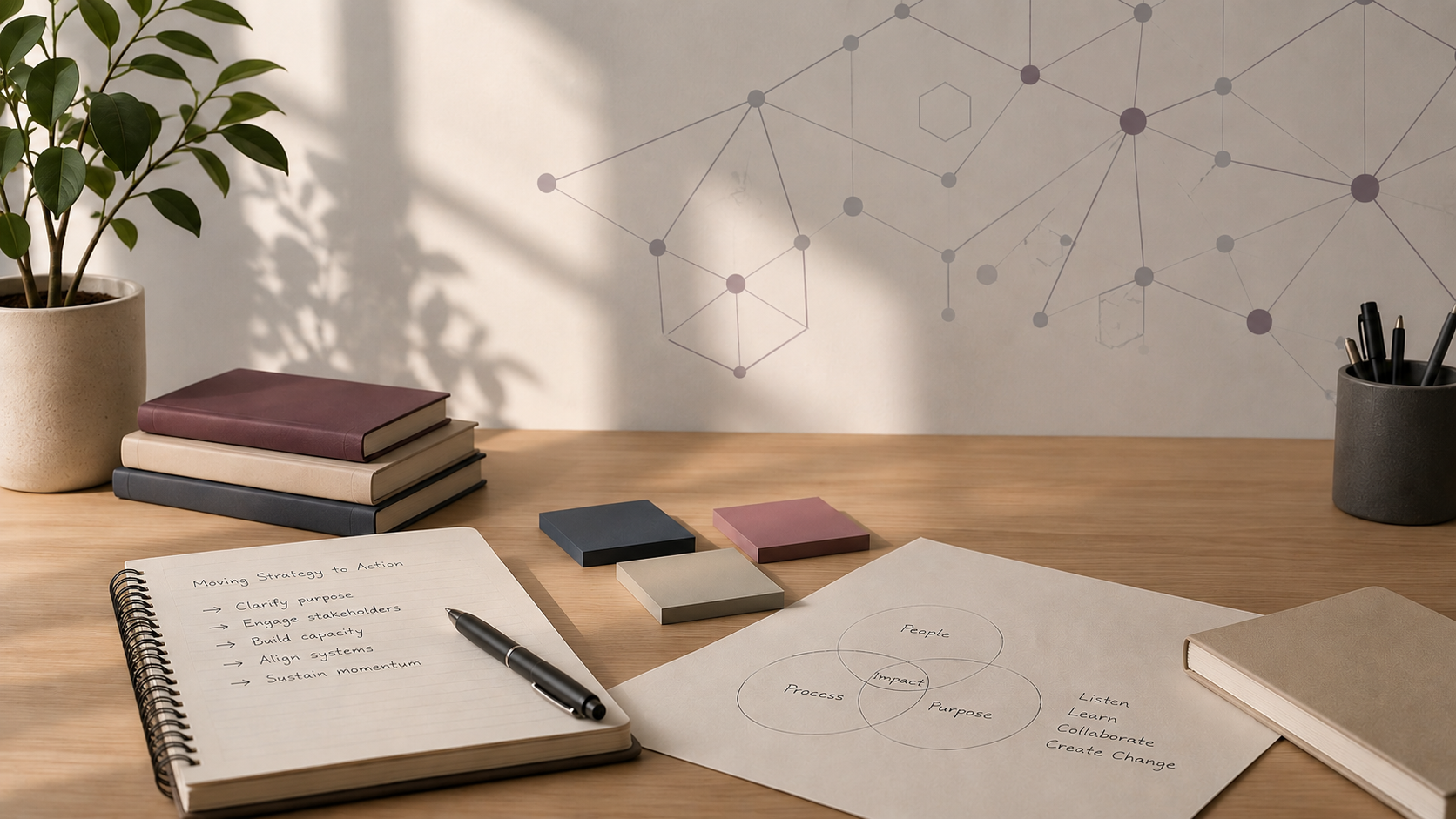 A desk with notebook, pen, paper, and books