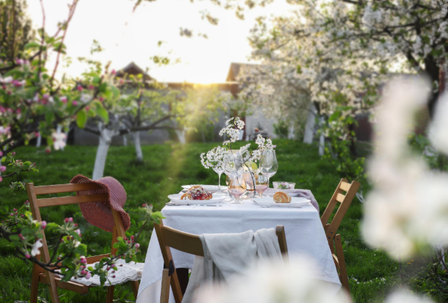 Elegant outdoor garden gathering with a beautifully styled table set for an intimate brunch among blooming trees.
