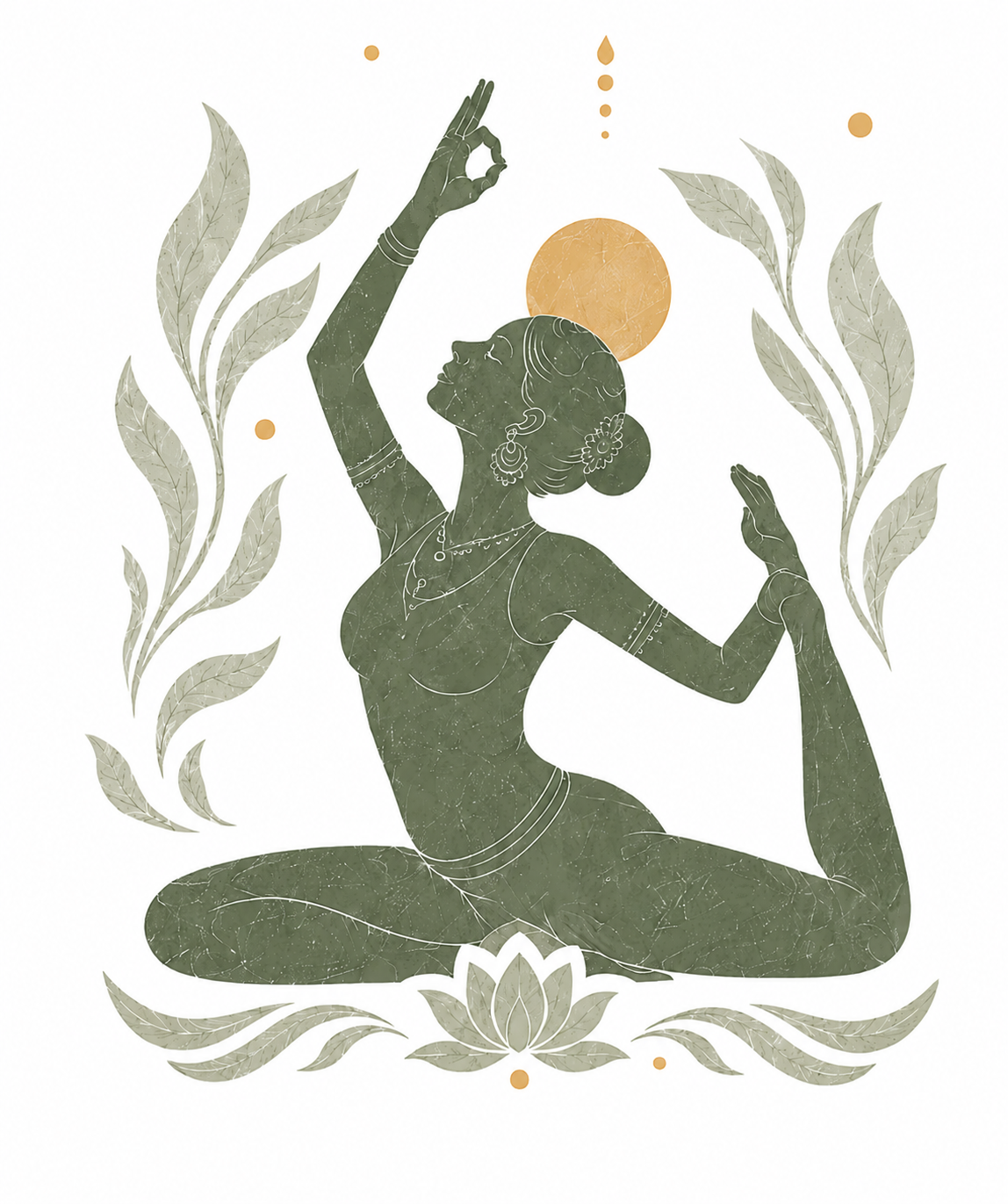Stylized illustration of a woman in a yoga pose, surrounded by decorative leaves and a sun or moon symbol, in earthy tones.