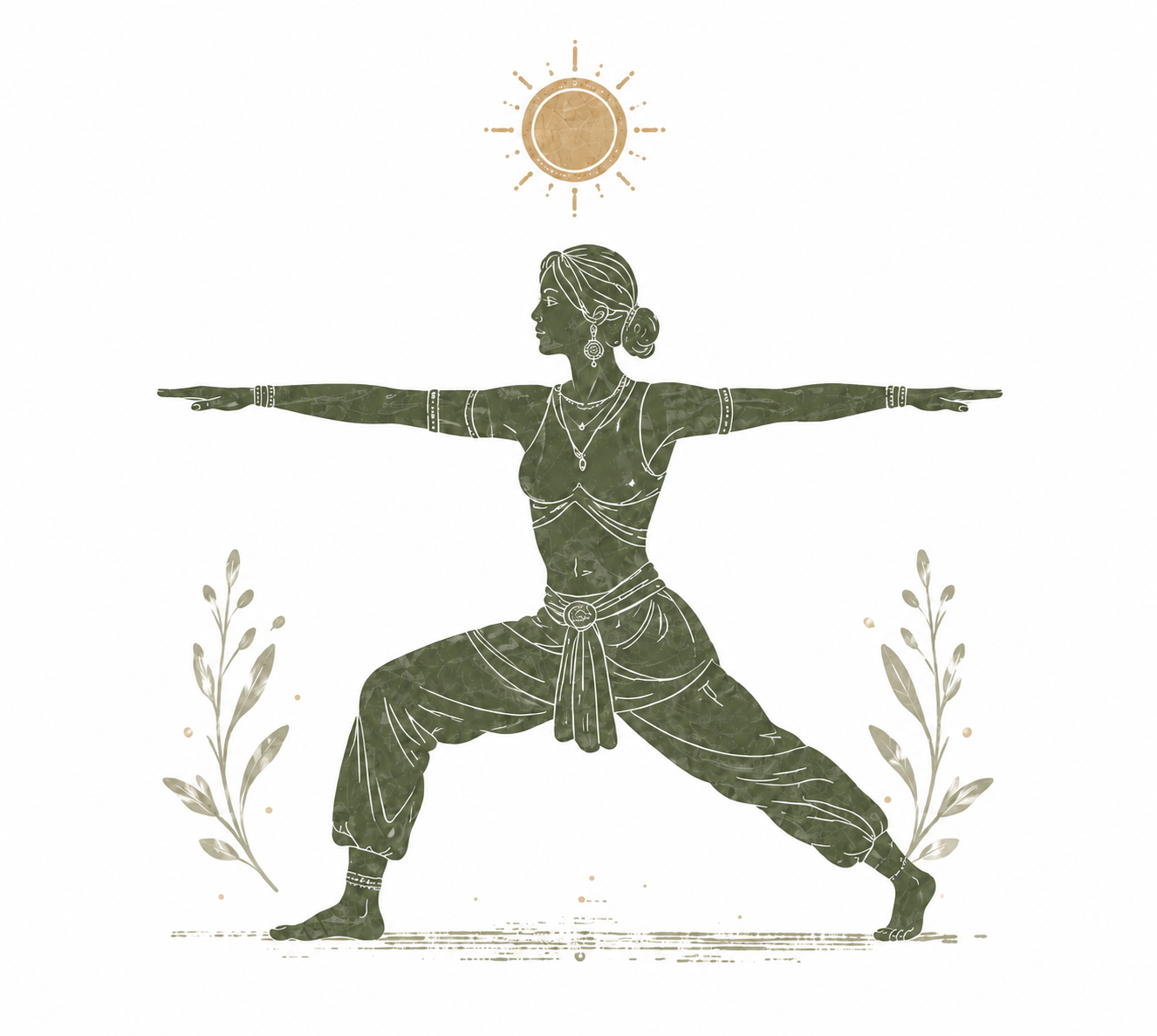 Illustration of a woman in yoga pose, with arms extended horizontally, in traditional attire and jewelry, outside with plants and a sun above.