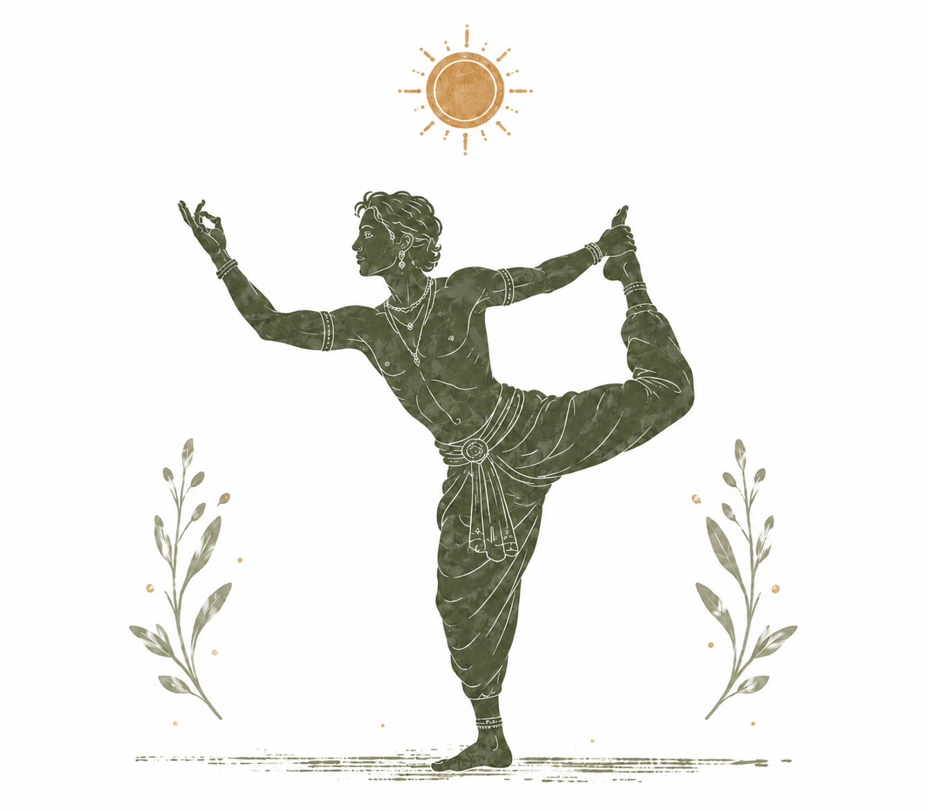 Illustration of an Indian woman performing a dance pose, balancing on one foot with the other leg bent and lifted behind her, under a stylized sun, with plants on either side.