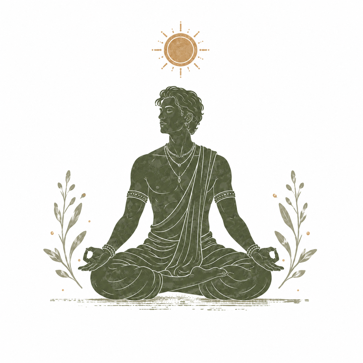 Illustration of a person practicing meditation in a seated yoga pose, surrounded by plants, with a sun above.