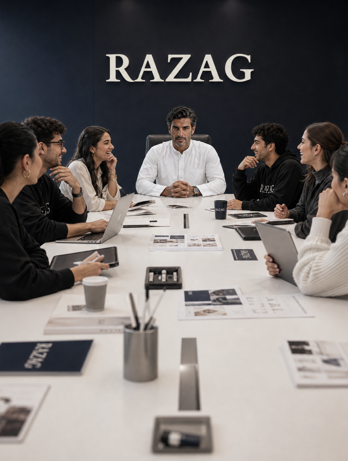 A business meeting with seven people, seated around a long conference table, with the man at the head of the table in front of a sign that reads 'RAZAG'.