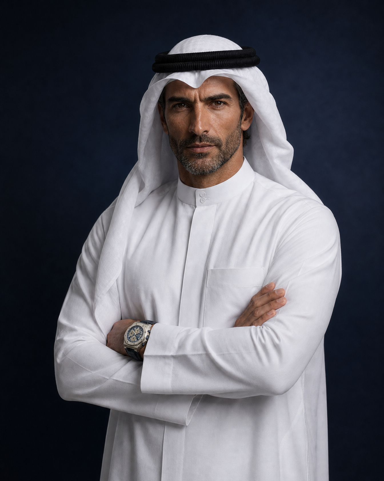 A middle-aged man with dark hair and a beard wearing traditional Middle Eastern clothing, including a white thobe and a white ghutra, with a black agal on his head, standing with arms crossed against a dark background.