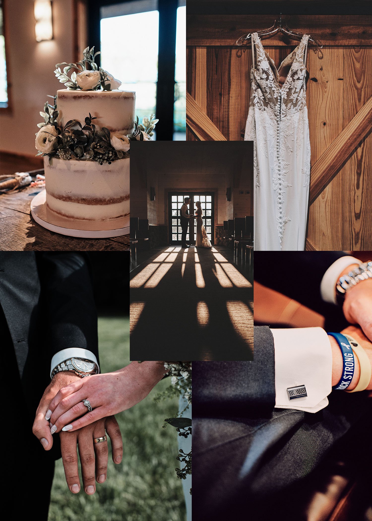 Collage of four wedding-related images: a white wedding cake decorated with flowers, a wedding dress hanging on a wooden wall, a couple holding hands with wedding rings visible, and a close-up of the groom's suit and wristbands.