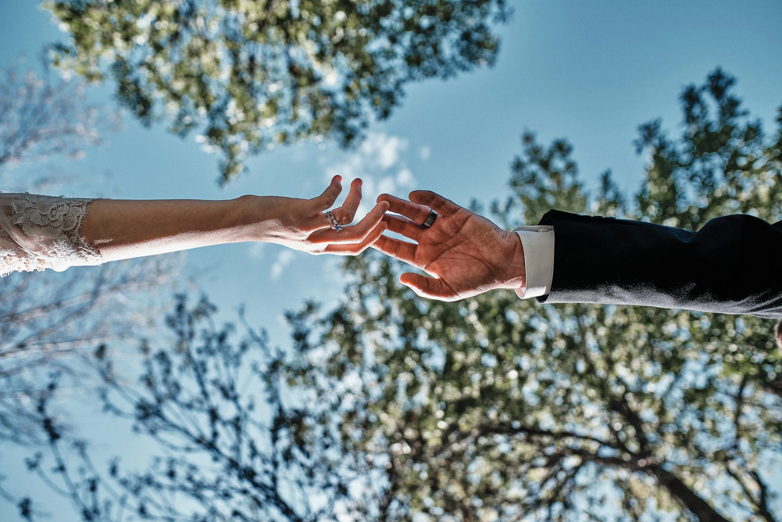 A bride and groom holding hands outdoors under a blue sky with trees in the background.