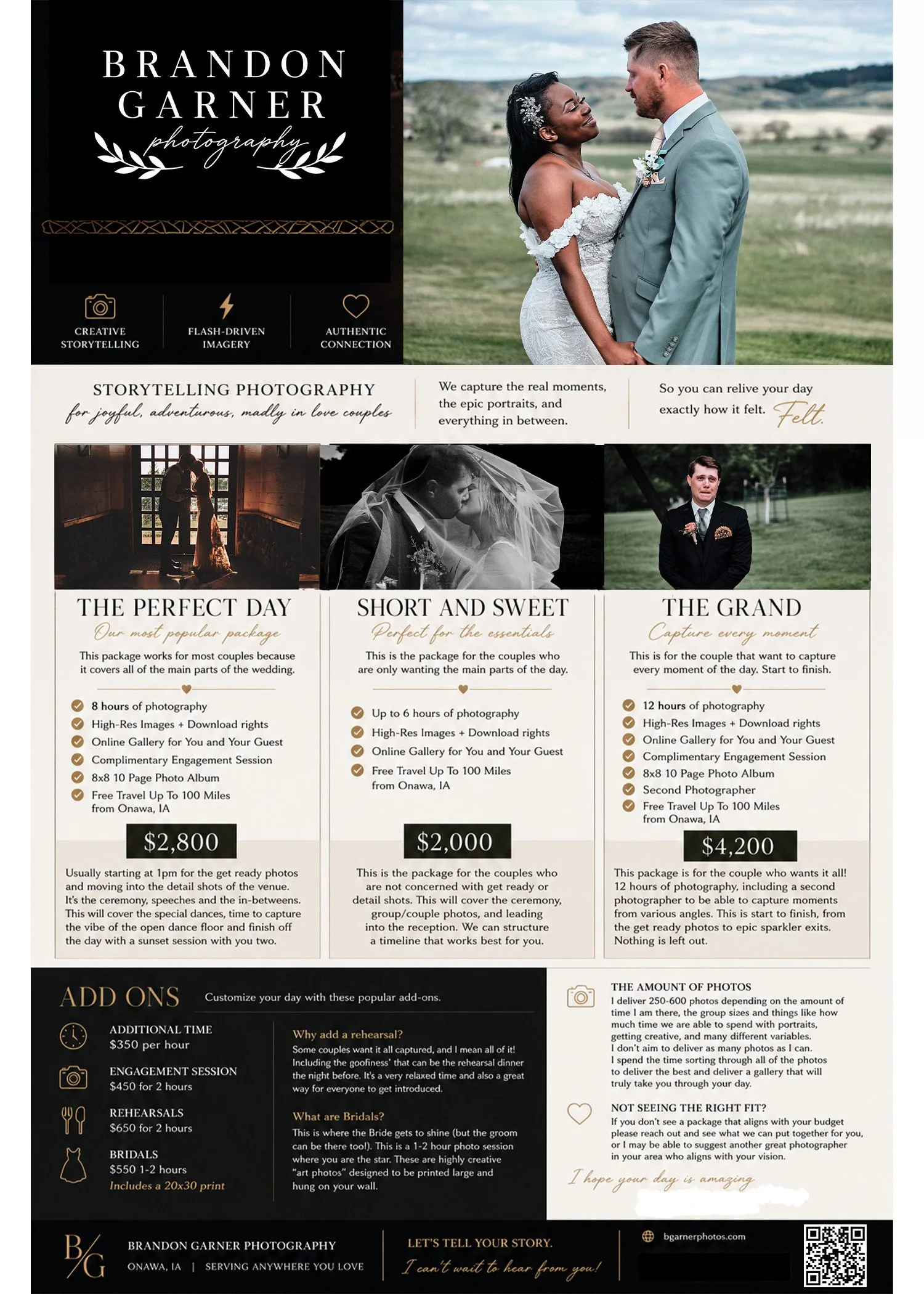 Marketing flyer for Brandon Garner Photography, featuring a large photo of a bride and groom on a wedding day, and smaller images of couples and wedding moments. The flyer details photography packages, pricing, add-ons, and information about the photographer and services offered.