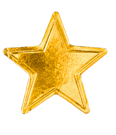 Gold star-shaped object with a shiny, reflective surface.