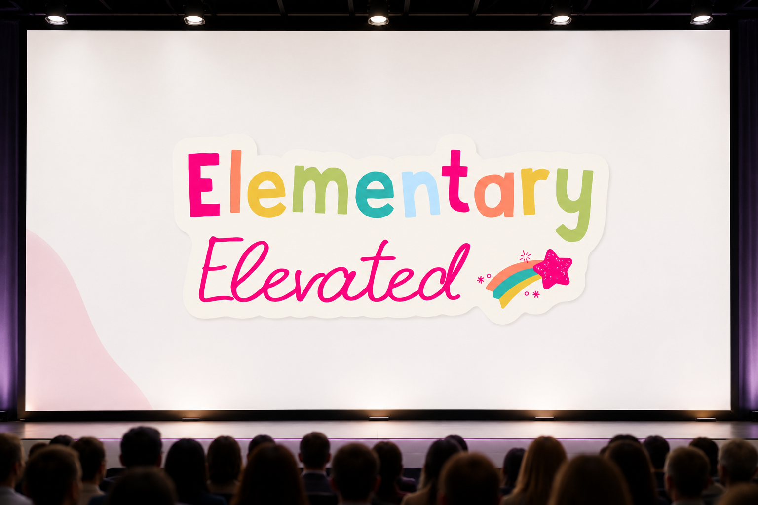 A large white screen displays colorful text that reads "Elementary Elevated" with illustrations of a star and a rainbow, in front of an audience in a theater-like setting.
