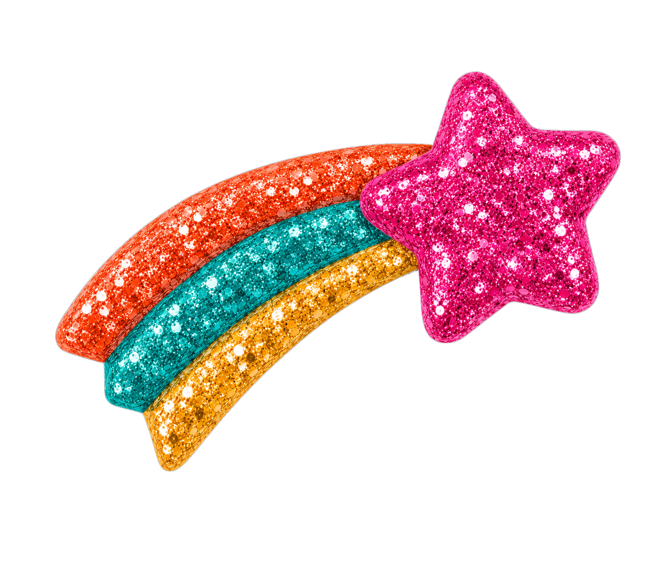 Colorful glittery star and rainbow earrings on a black background.